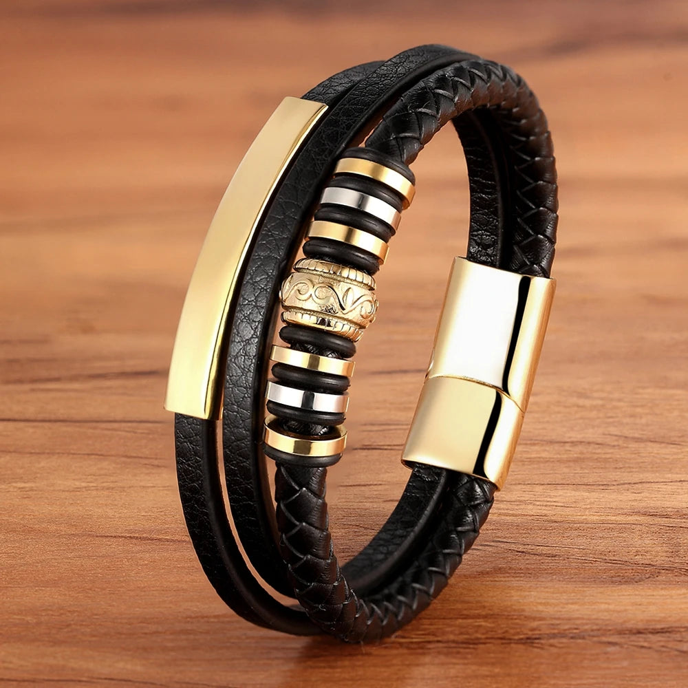 TYO Bracelet for Men Multilayer Genuine Leather Bangles Magnetic Clasp Cowhide Braided Multi Layer Wrap Trendy Bracelet Armband