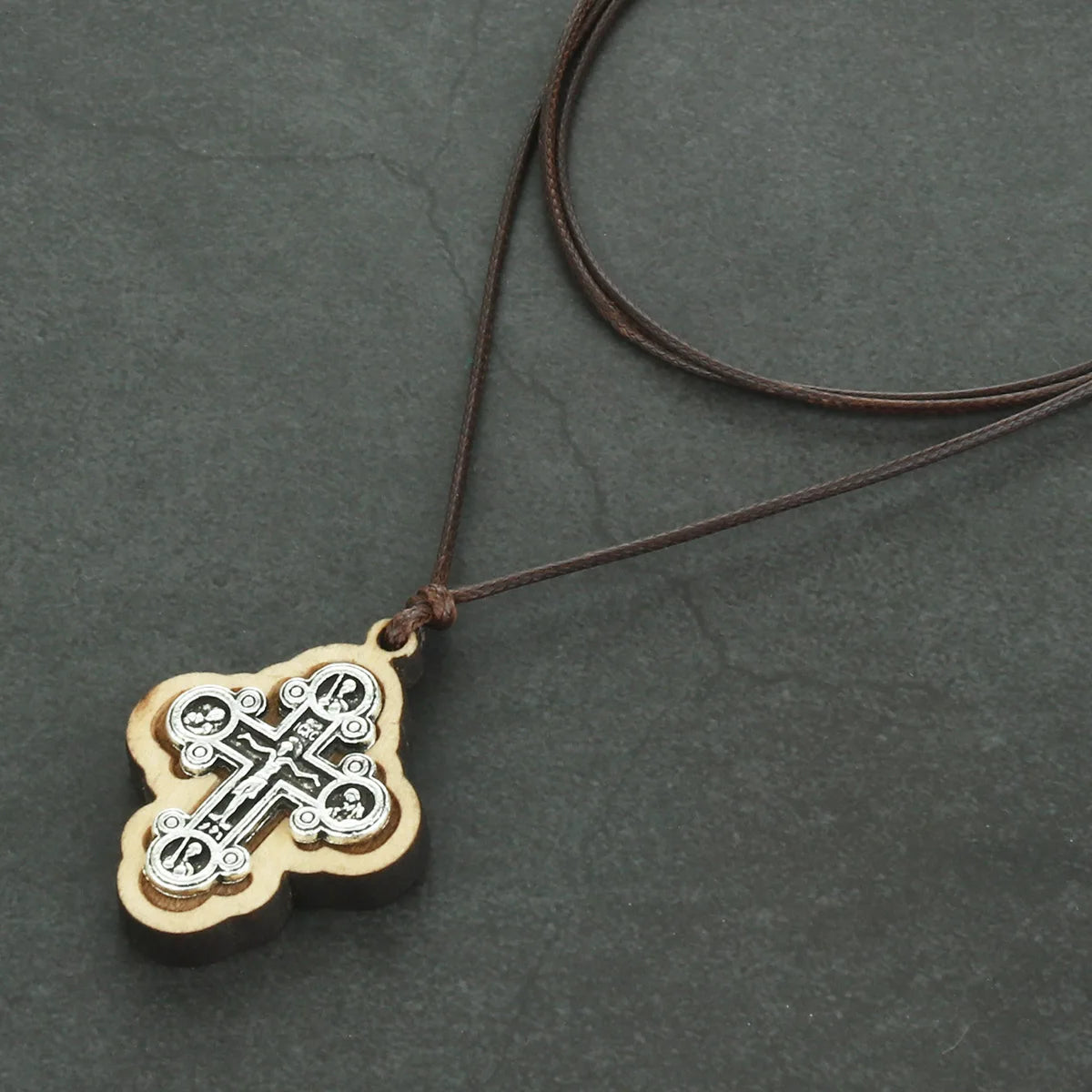 Orthodox ICXC Wooden Saint Cross Pendant Necklaces for Men Adjustable Leather Rope Chain Necklace Religious Jewelry
