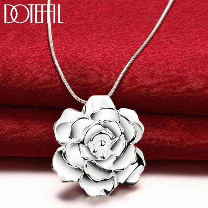 DOTEFFIL 925 Sterling Silver 16-30 Inch Snake Chain Flower Pendant Necklace For Women Fashion Wedding Party Charm Jewelry