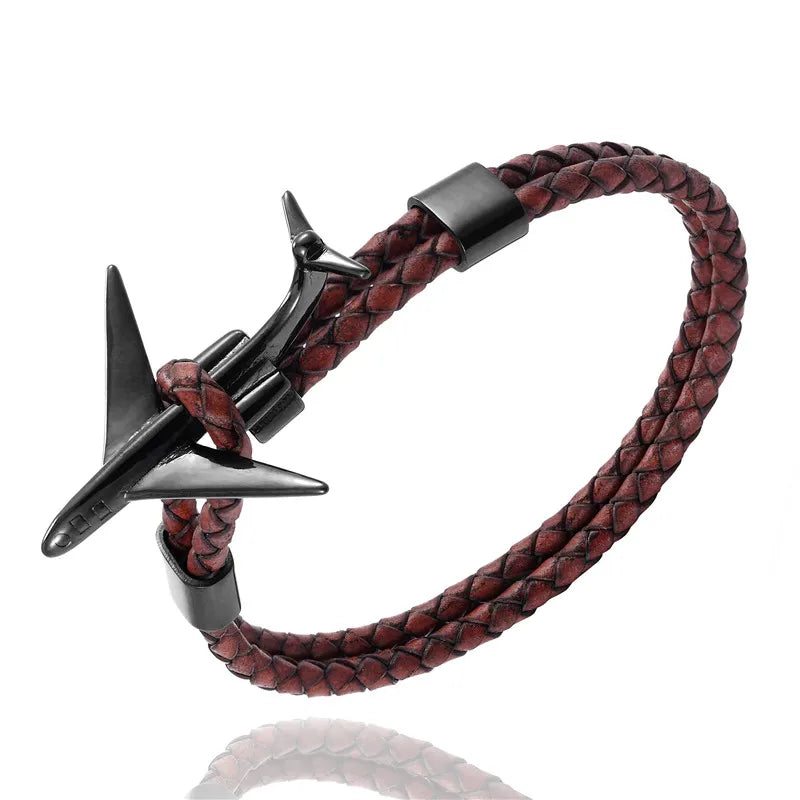 MKENDN Fashion Retro Leather Bracelet Stainless Steel Airplane Anchor Bracelets Men Women Summer Style Wrap Metal Sport Hook