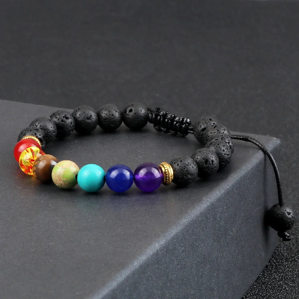 2Pcs Natural Stone 7 Chakra Healing Beaded Adjustable Braided Bracelets Men 8mm Lava Stretch Bracelet Women Reiki Buddha Jewelry