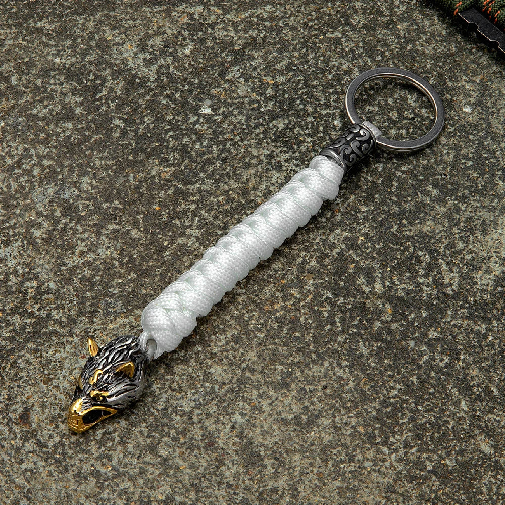 MKENDN Antique Viking Wolf Head Bead Paracord Knife Lanyad EDC Tactical Survival Keychain Lanyard Gift For Men - Madeinsea©