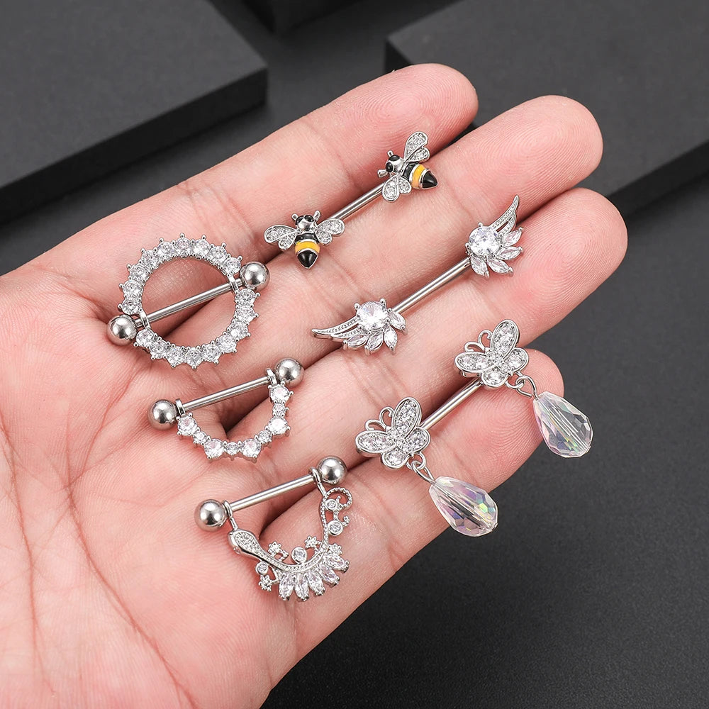 2 STK 14G Biene Gecko Flügel Brustwarzenringe Schildabdeckung Barbell Titanstahl Brustwarzenpiercing für Frauen Brust Körperpiercings Schmuck