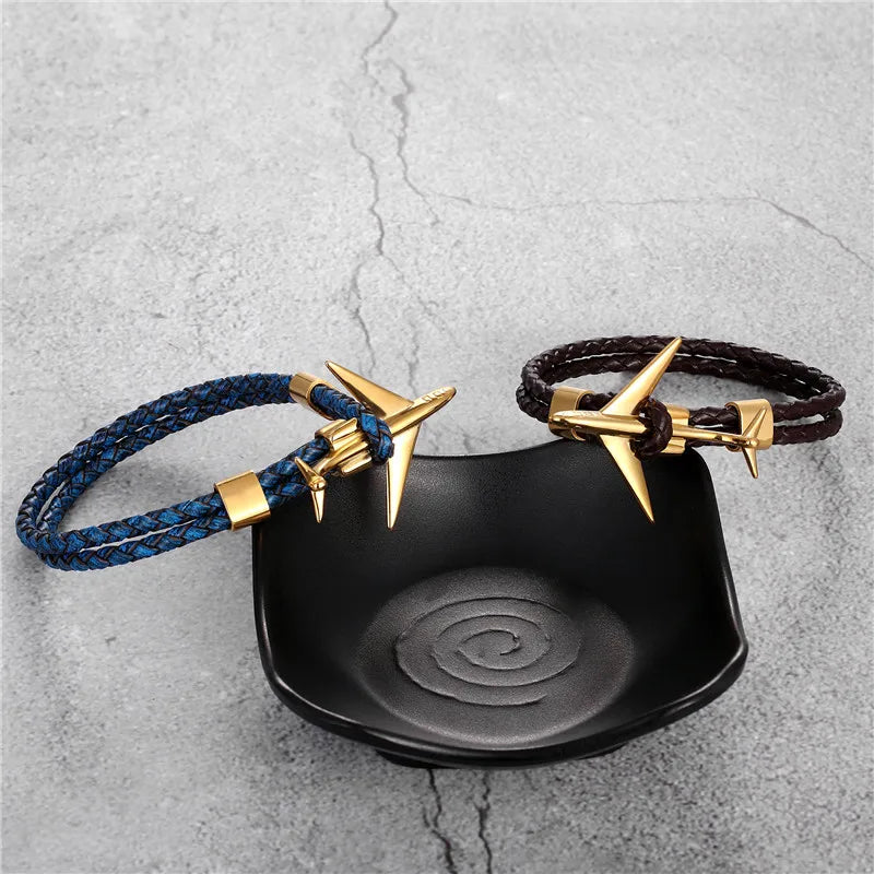 MKENDN Fashion Retro Leather Bracelet Stainless Steel Airplane Anchor Bracelets Men Women Summer Style Wrap Metal Sport Hook