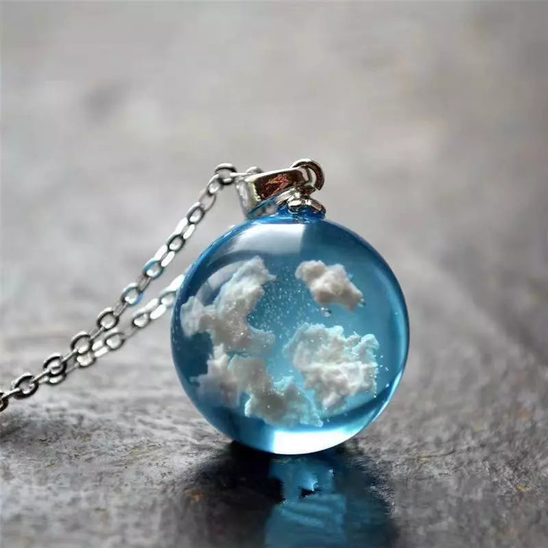 Blue Sky White Cloud Ball Moon Shape Pendant Necklace