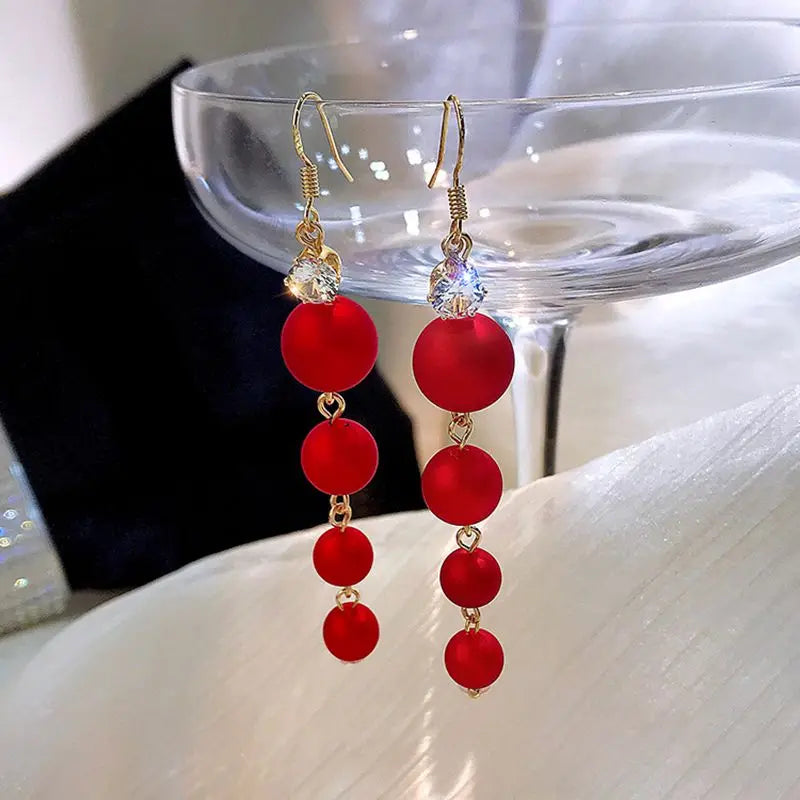 Trendy Red Pearl Long Earrings For Women Christmas Rhinestone Bow Cherry Flowers Earring Girls Party Christmas Jewelry Gifts