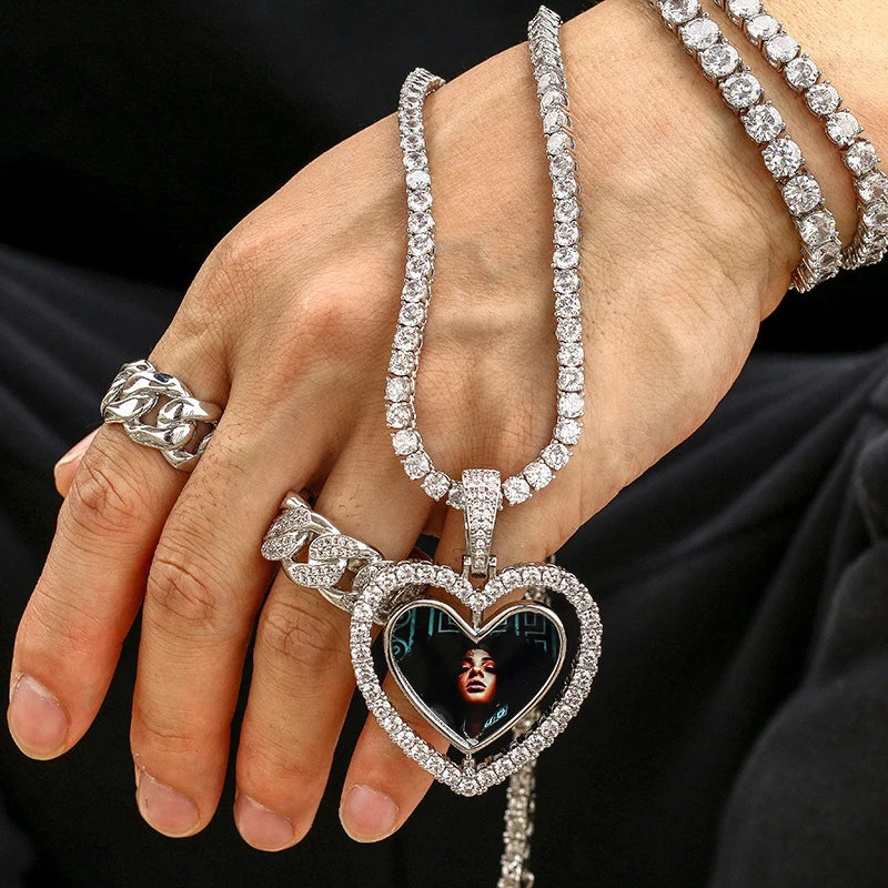Custom Photo Pendant Necklace Heart Medallions Cubic Zirconia Rotating Double-Sided Custom Photo Gift For Mens Hip Hop Jewelry