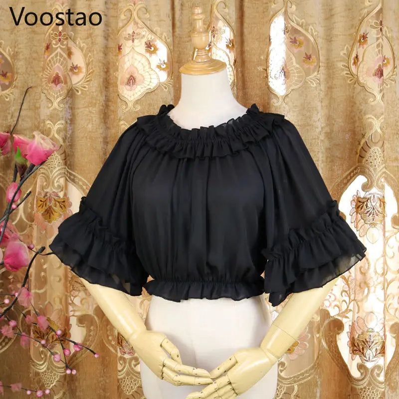Japanese Style Harajuku Gothic Lolita Shirts Girly Cute Ruffles Short/Long Sleeve Tops Elegant Women Sweet Solid Chiffon Blouses
