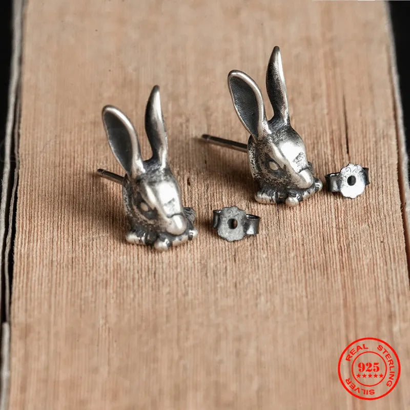 MKENDN Punk Vintage 100% 925 Sterling SIlver Animal Style Rabbit Stud Earring Men Women Gothic Dark Jewelry