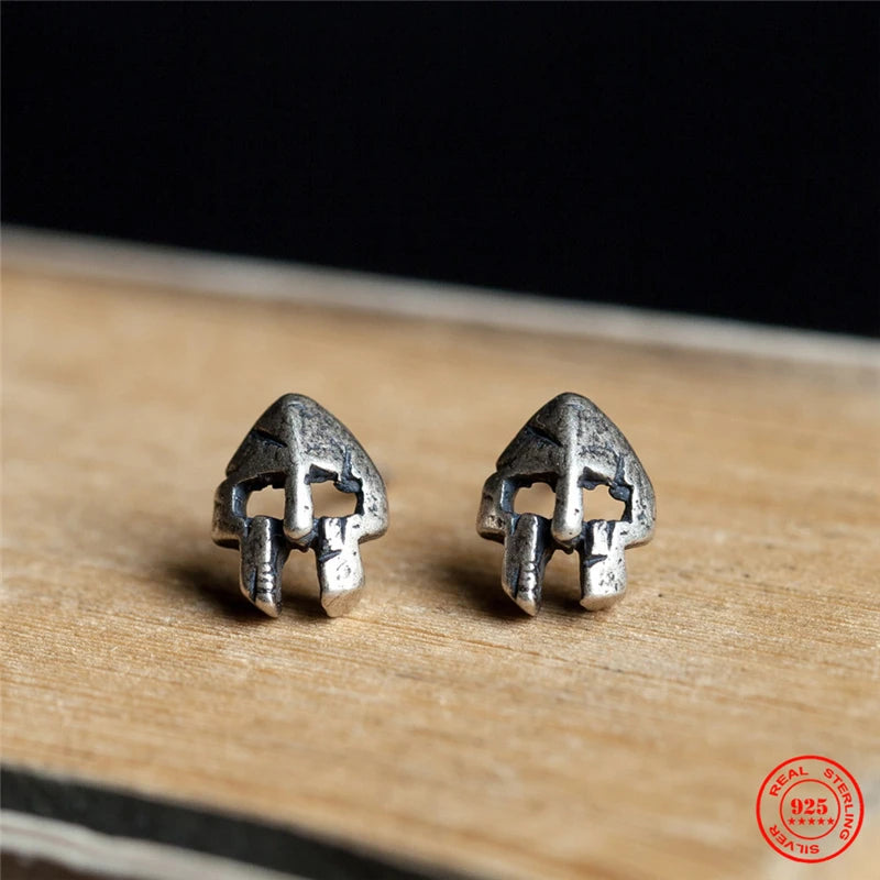MKENDN Norse Vikings Spartan Warrior Antique Stud Earrings Men Women Real 925 Sterling Silver Punk Style Jewelry
