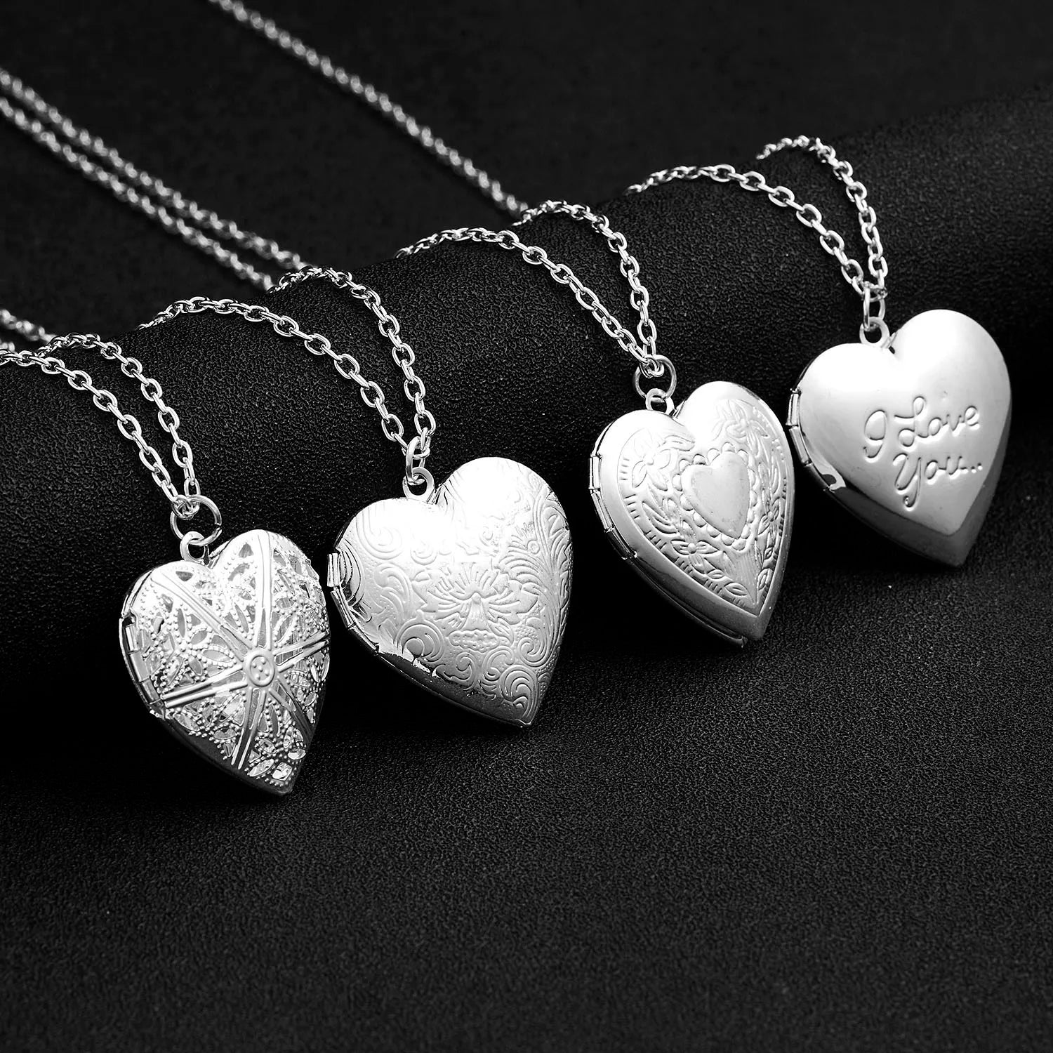Unique Silver Color Photo Frame Pendant Necklace Carved Designs Heart-shaped Openable Locket Necklace Family Jewelry Gift