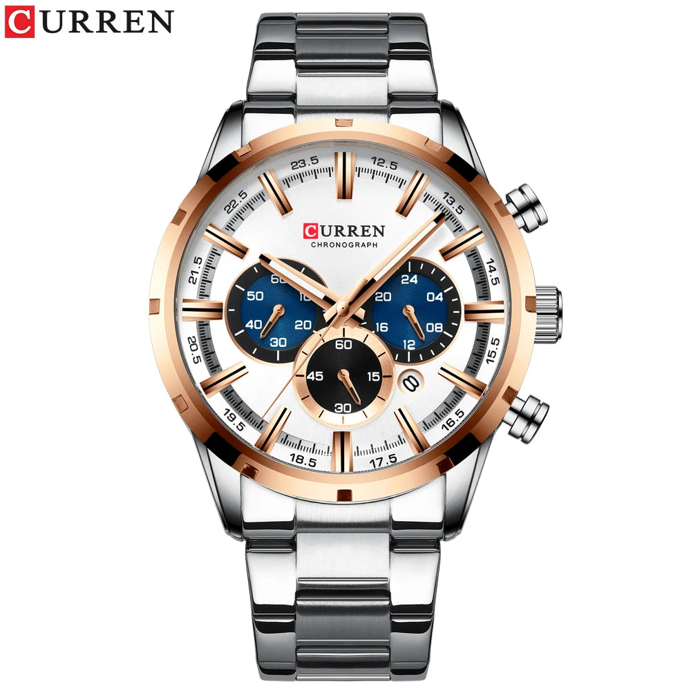 CURREN Top Brand Military Quartz Watches Silver Blue Mens Stainless Steel Chronograph Wristwatch for Male Casual Sporty Clocks