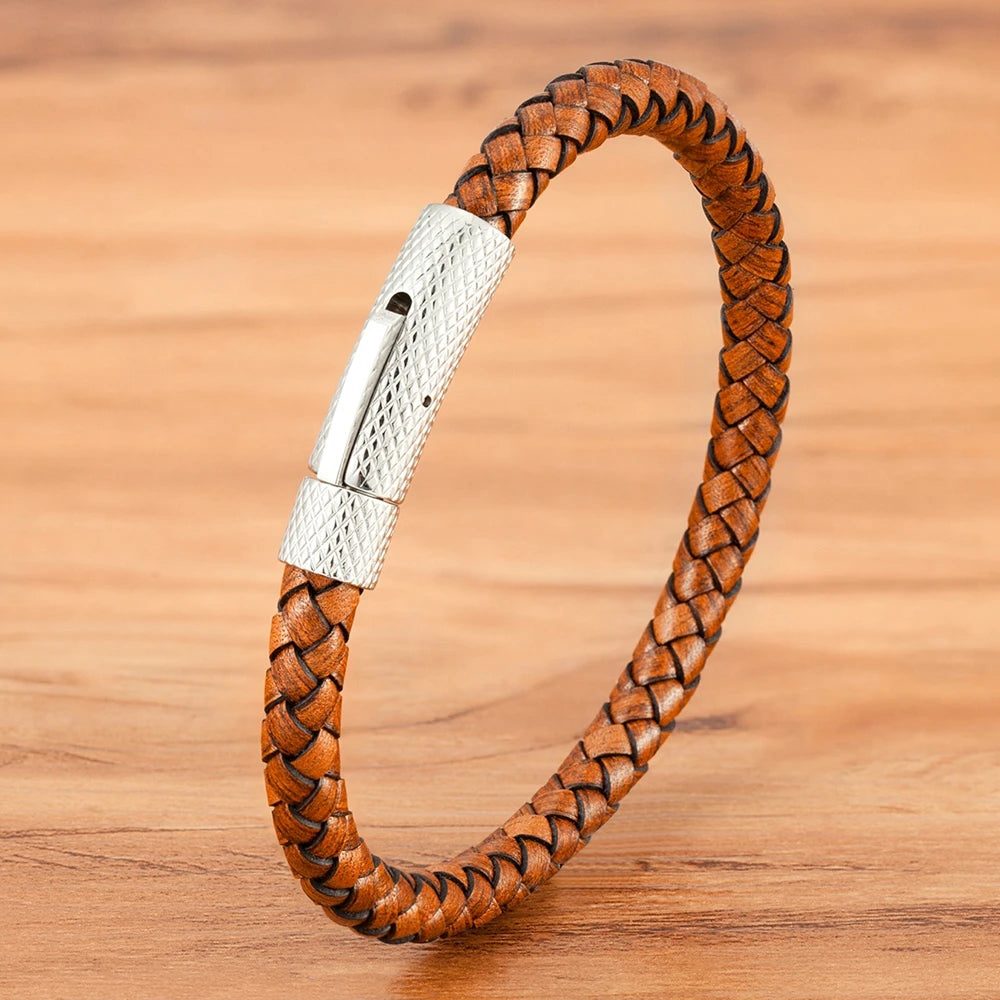 Bracelet TYO de luxe classique en acier inoxydable et cuir pour homme, tissé à la main, fermoir magnétique, noir, bijou simple, cadeau personnalisable