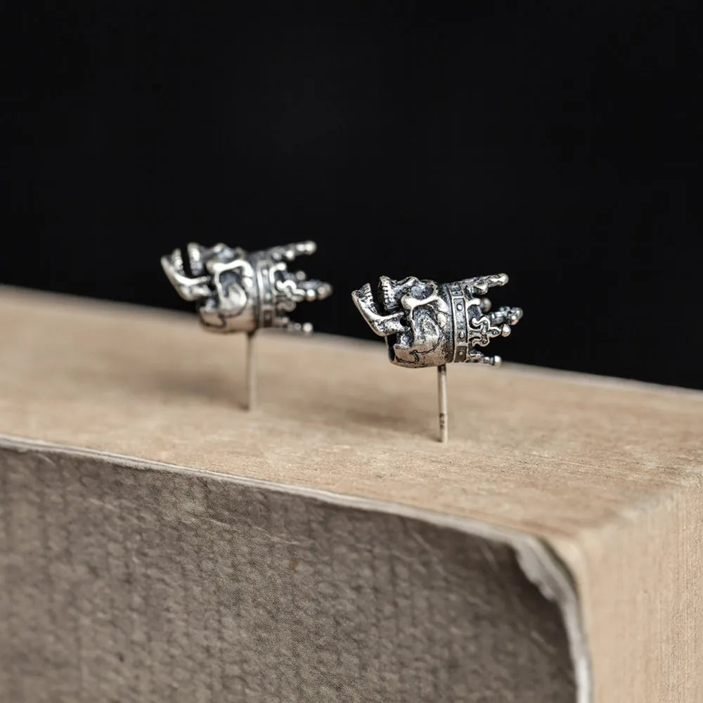 MKENDN 100% 925 Sterling Silver Creative Retro Skull King Crown Stud Earring Punk Gothic Style Ear Pin for Men Women Ear Jewelry