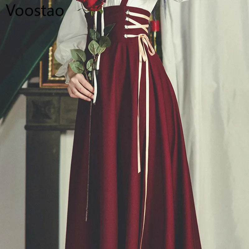 Autumn French Style Vintage Women Two Piece Set Court White Stand Collar Blouse Shirt+High Waist Lace-up Suspender Dress Suits