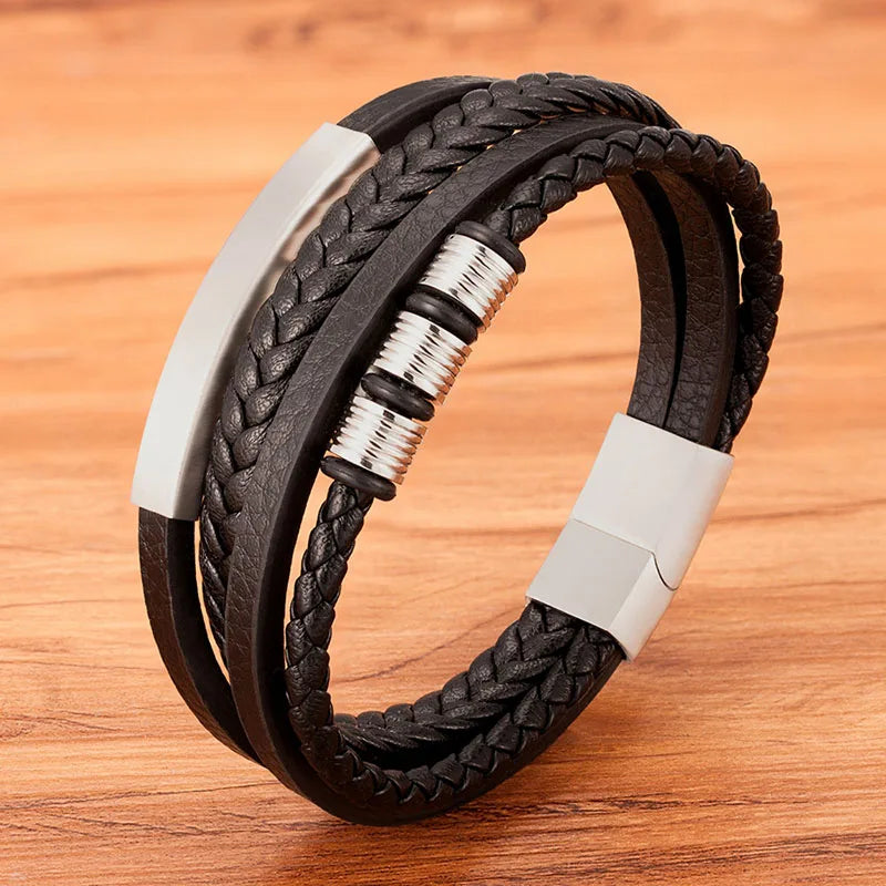 Bracelet TYO neuf en acier inoxydable noir multicouche en cuir véritable pour homme, fermoir magnétique, style vintage tressé