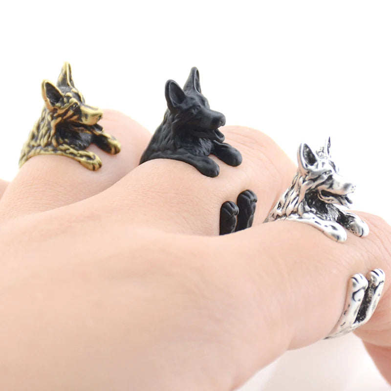 Vintage Punk Brass Knuckle German Shepherd Anel Masculino Ring Boho Dog Anillos Couple Rings For Men Women Jewelry Lovers Gift