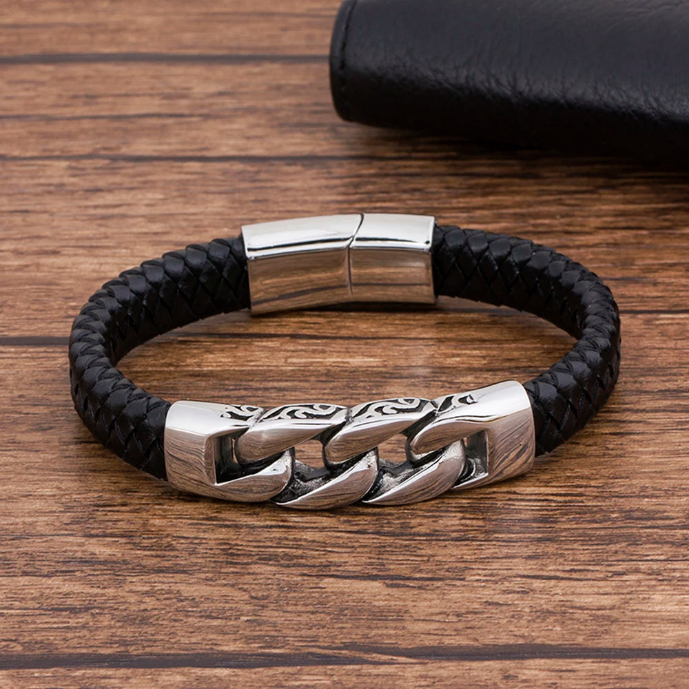 TYO Charm Genuine Leather  Black Stainless Steel Magnetic hk Bracelet Men  Birthday Gift For  boy friend