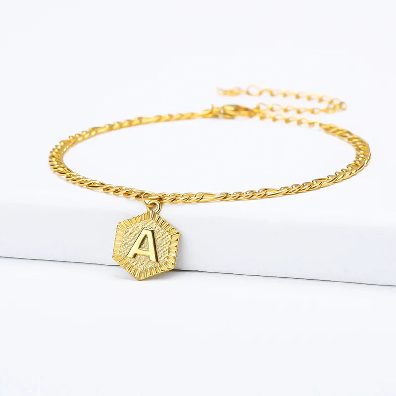 A-Z Letter Anklet / Hexagon Shaped Initial Ankle Bracelet
