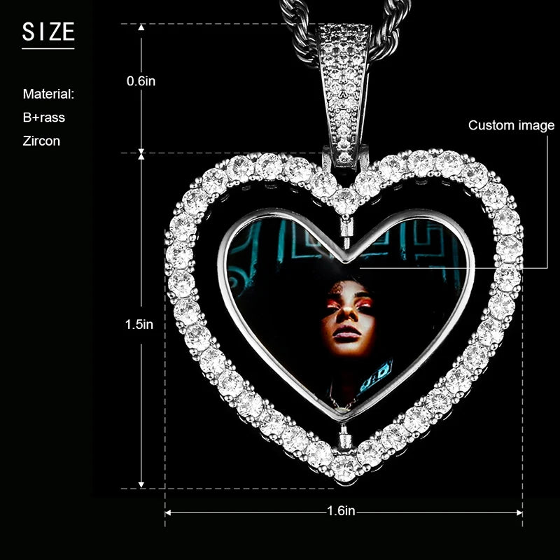 Custom Photo Pendant Necklace Heart Medallions Cubic Zirconia Rotating Double-Sided Custom Photo Gift For Mens Hip Hop Jewelry