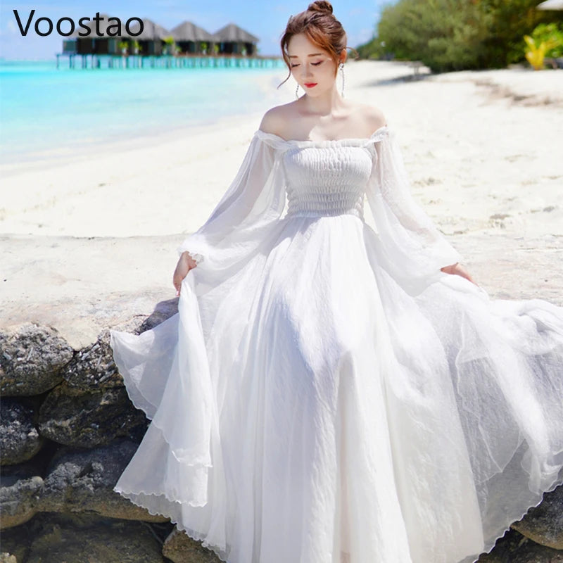 Seaside Holiday Party Dress Women Elegant White Fairy Chiffon Long Dresses Ladies Sweet Slash Neck Off Shoulder Boho Maxi Dress