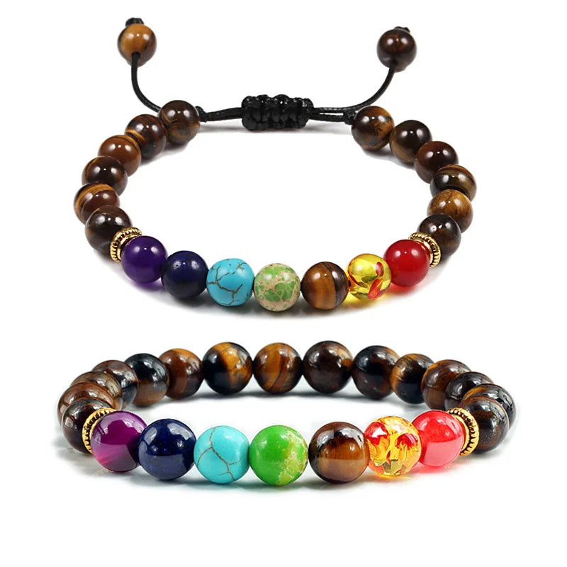 Bracelet unisexe à 7 chakras avec perles, pierre œil de tigre, breloque de prière, bracelet Bouddha, bijou ajustable, cadeau