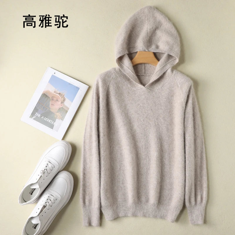 2025 Spring Winter 100%Pure Mink Cashmere Sweater Women Knitted Hooded Warm Lady's Grade Up Jumpers and Pullovers Soft Warm Tops
