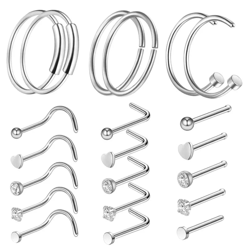 3/4/5/8/21pcs 20G Nose Studs Set Surgical Steel L-Shape Nostril Studs Screws Nose Ring Hoop Body Piercing Jewelry Mixed Styles