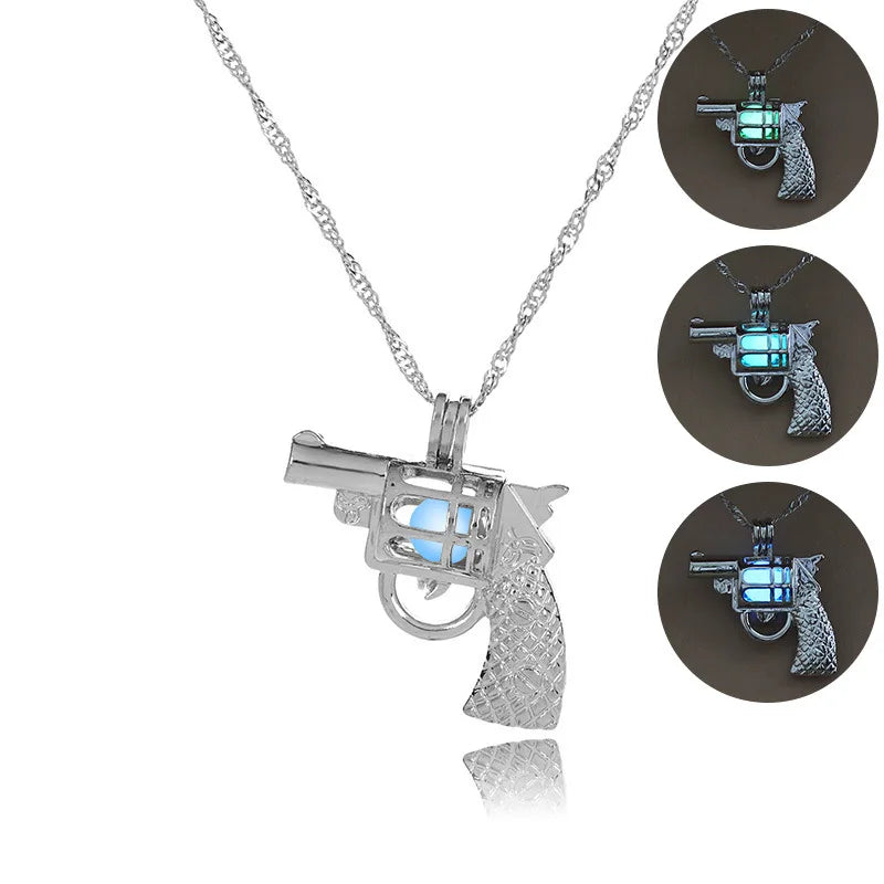 Glow in The Dark Locket necklace For Women Gun skull Heart mermaid Cross tortoise Glowing beads cage pendant Fashion Jewelry