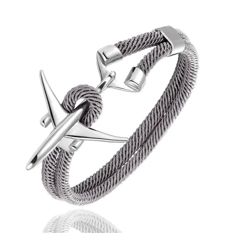 MKENDN Fashion Stainless Steel Airplane Glider Anchor Rope Leather flight Bracelets Men Women aviator Style