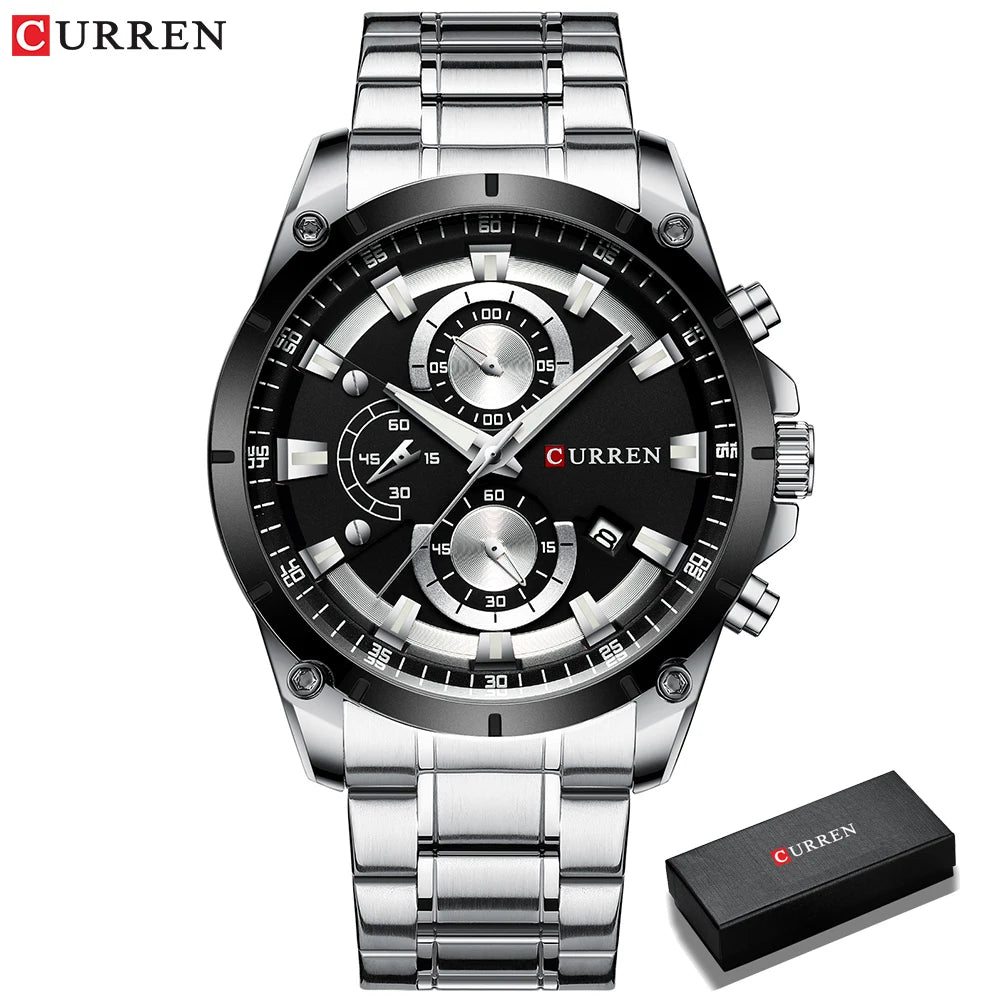 Montre CURREN à quartz pour homme, chronographe tendance, cadeau décontracté en acier inoxydable