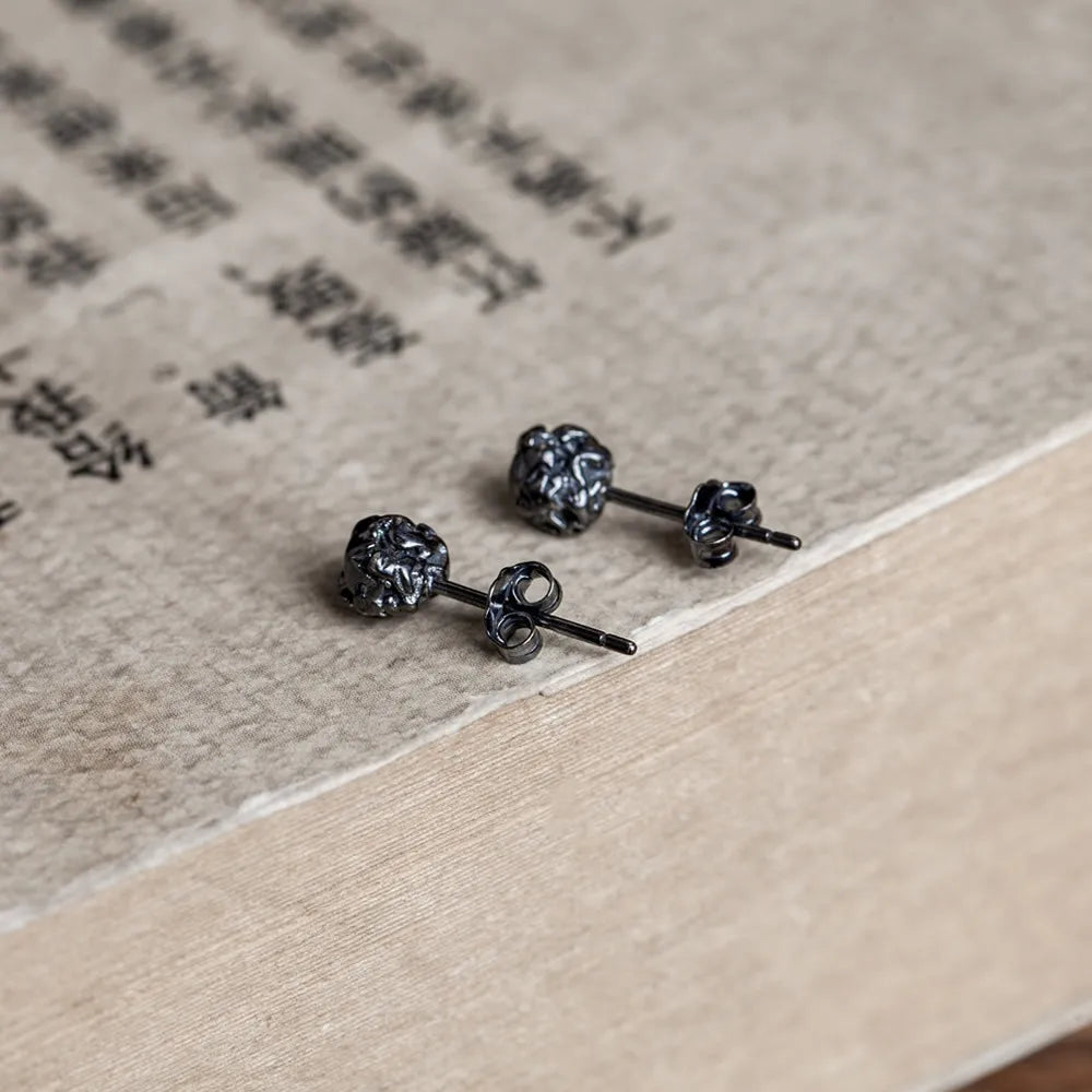 MKENDN  Vintage 925 Sterling Silver Men Sugar Paper Ball Stud Earrings Oxidized Black Woman Hypoallergenic All-match Ear Jewelry