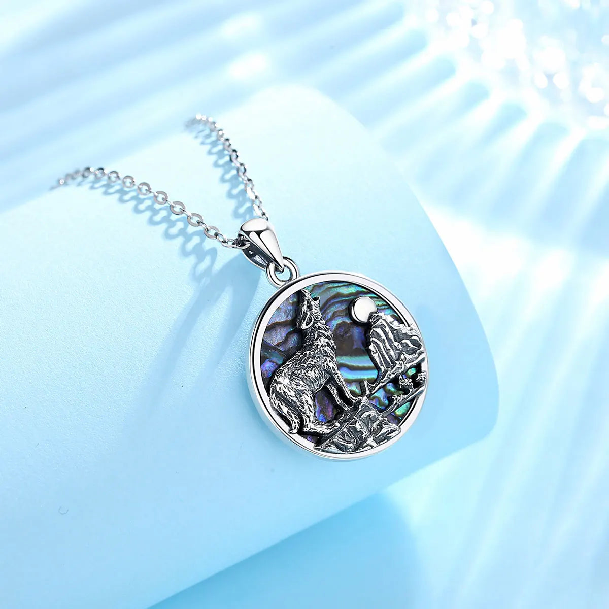 Collier pendentif loup en argent sterling 925 Eudora, coquillage d'ormeau, mère huître, bleu, coloré, fin, bijoux mbd023
