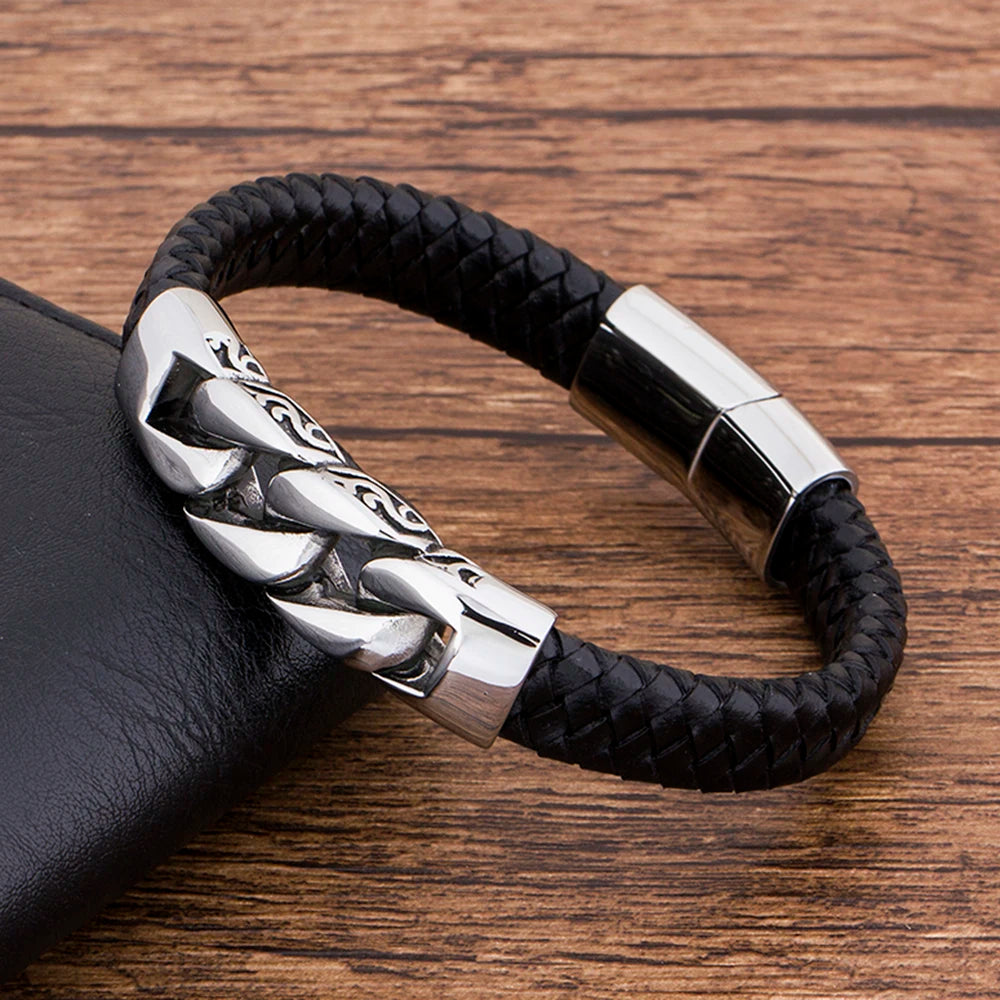 TYO Charm Genuine Leather  Black Stainless Steel Magnetic hk Bracelet Men  Birthday Gift For  boy friend