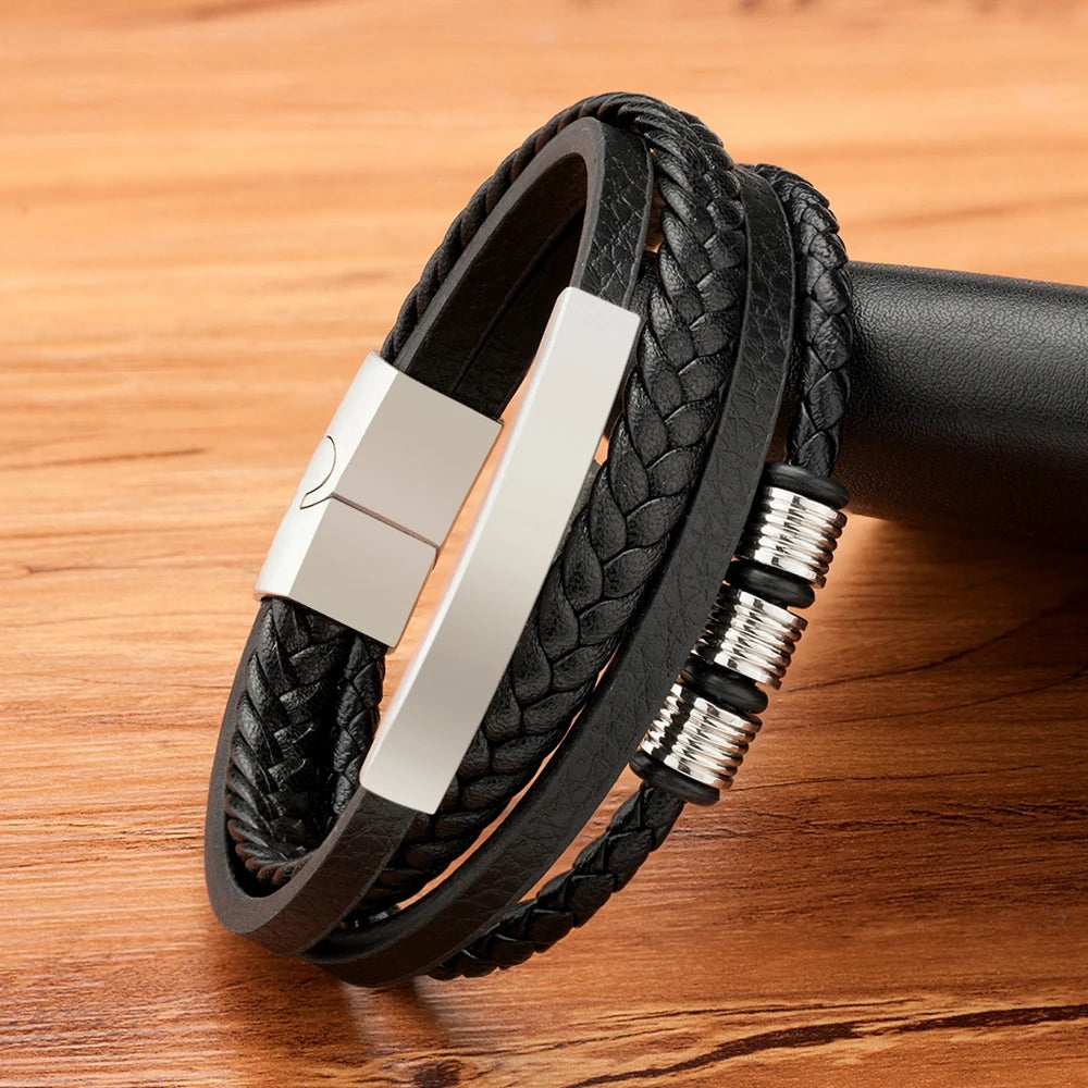 Bracelet TYO neuf en acier inoxydable noir multicouche en cuir véritable pour homme, fermoir magnétique, style vintage tressé