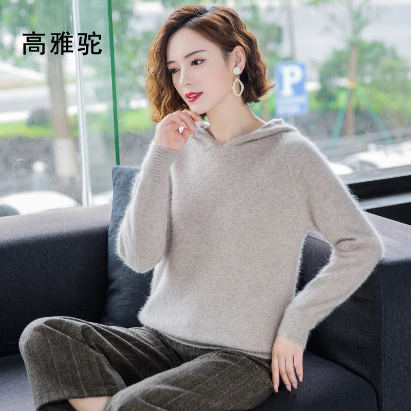 2025 Spring Winter 100%Pure Mink Cashmere Sweater Women Knitted Hooded Warm Lady's Grade Up Jumpers and Pullovers Soft Warm Tops