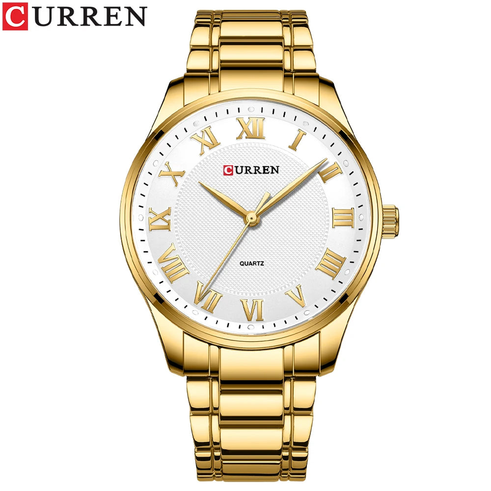 Montre CURREN New Simple Business pour homme avec bracelet en acier inoxydable, mouvement à quartz, couleur or et noir.