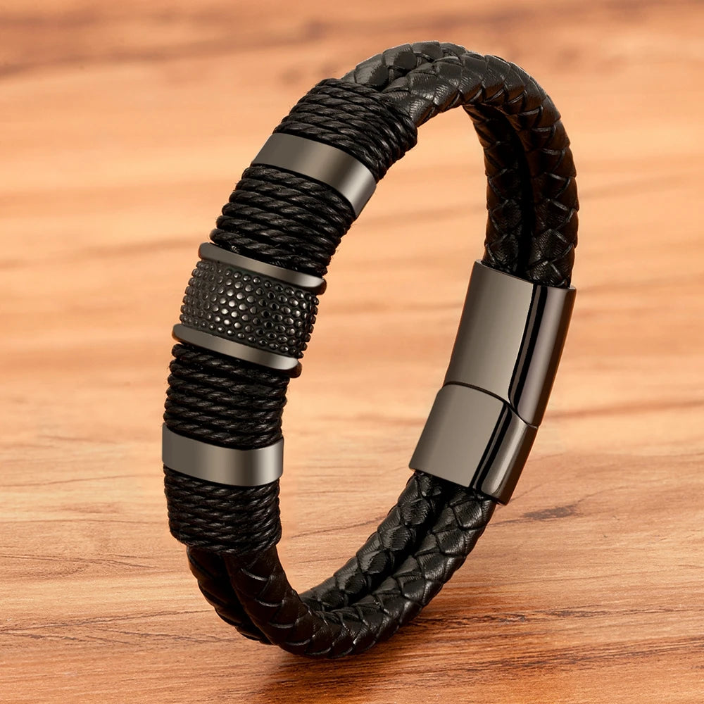 TYO Braided Rope Wrap Leather Bracelets For Men Bangles Fashion Male Women Charm Stainless Steel Clasp Jewelry DIY Customization