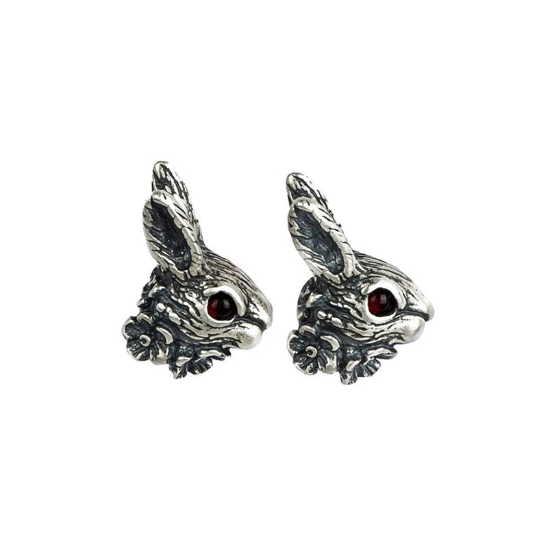 MKENDN Punk Vintage 100% 925 Sterling SIlver Red Eye Rabbit Stud Earring Men Women Gothic Dark Jewelry