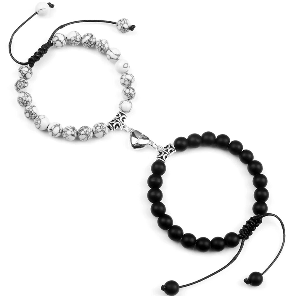 Hot Couple Distance Bracelets 2pcs/set Natural Stone Beads Braided Bracelet Lovers Heart Magnet Adjustable Bangle Friend Jewelry