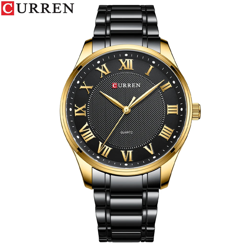 Montre CURREN New Simple Business pour homme avec bracelet en acier inoxydable, mouvement à quartz, couleur or et noir.