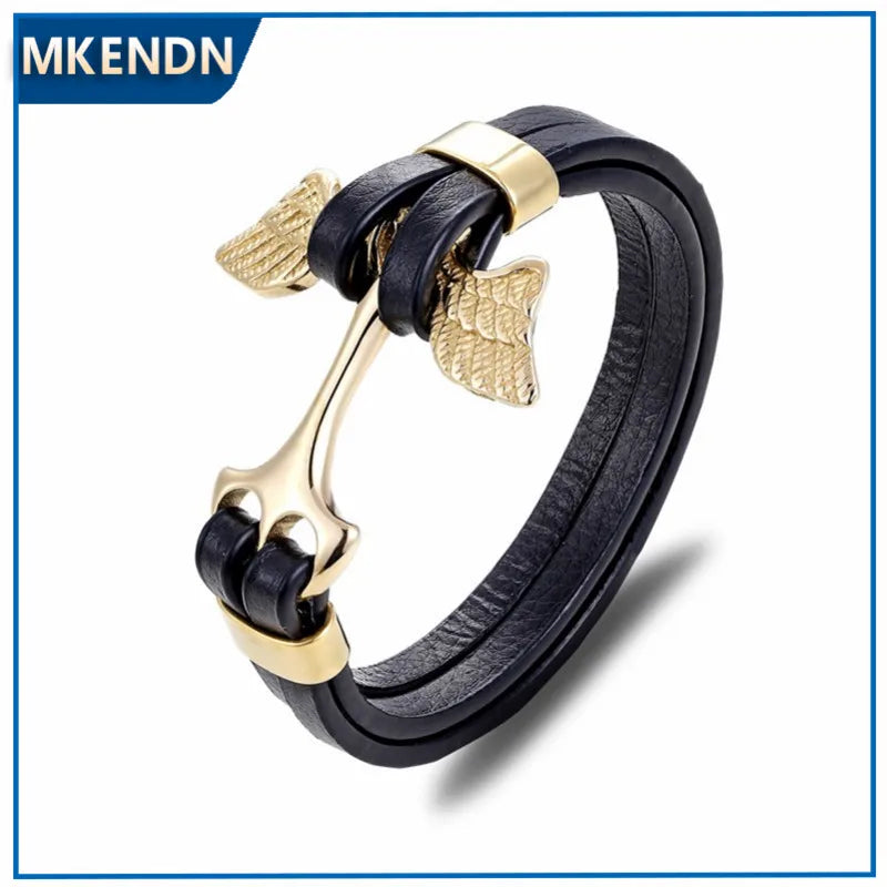 MKENDN New Arrival Mens Bracelets Angel Stainless Steel Skull Shackles Black Leather Bracelet Men Wristband Fashion Jewelry