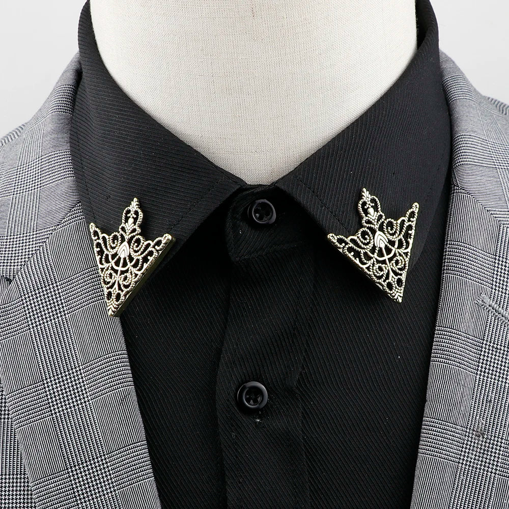 1 Pair Retro Lapel Pin Brooch Vintage Fashion Tree Leaf Collar Pin Hollowed Out Crown Shirts Suits Breastpin Jewelry Accessories