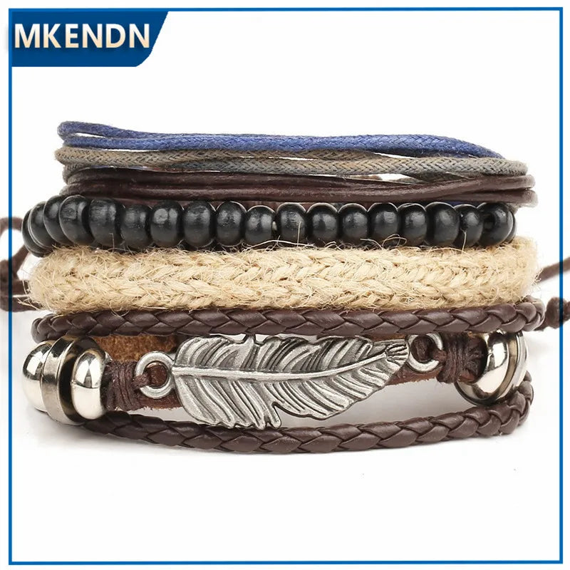 MKENDN Wholesale 4PCS/Set leather bracelet Men multi-layer bead bracelet women's retro punk casual men jewelry bracelet jewelry