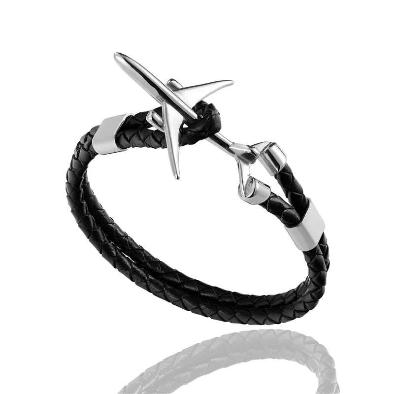 MKENDN Titanium Stainless Steel Airplane Anchor Bracelets Men Multilayer Braid Genuine Leather Bracelet Women Friendship Gifts