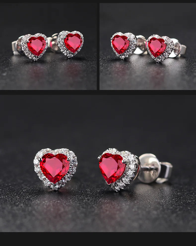 925 Sterling Silver Love Heart Earring Luxury Female ruby red  stone Stud Earrings For Women Wedding Party birthday gift