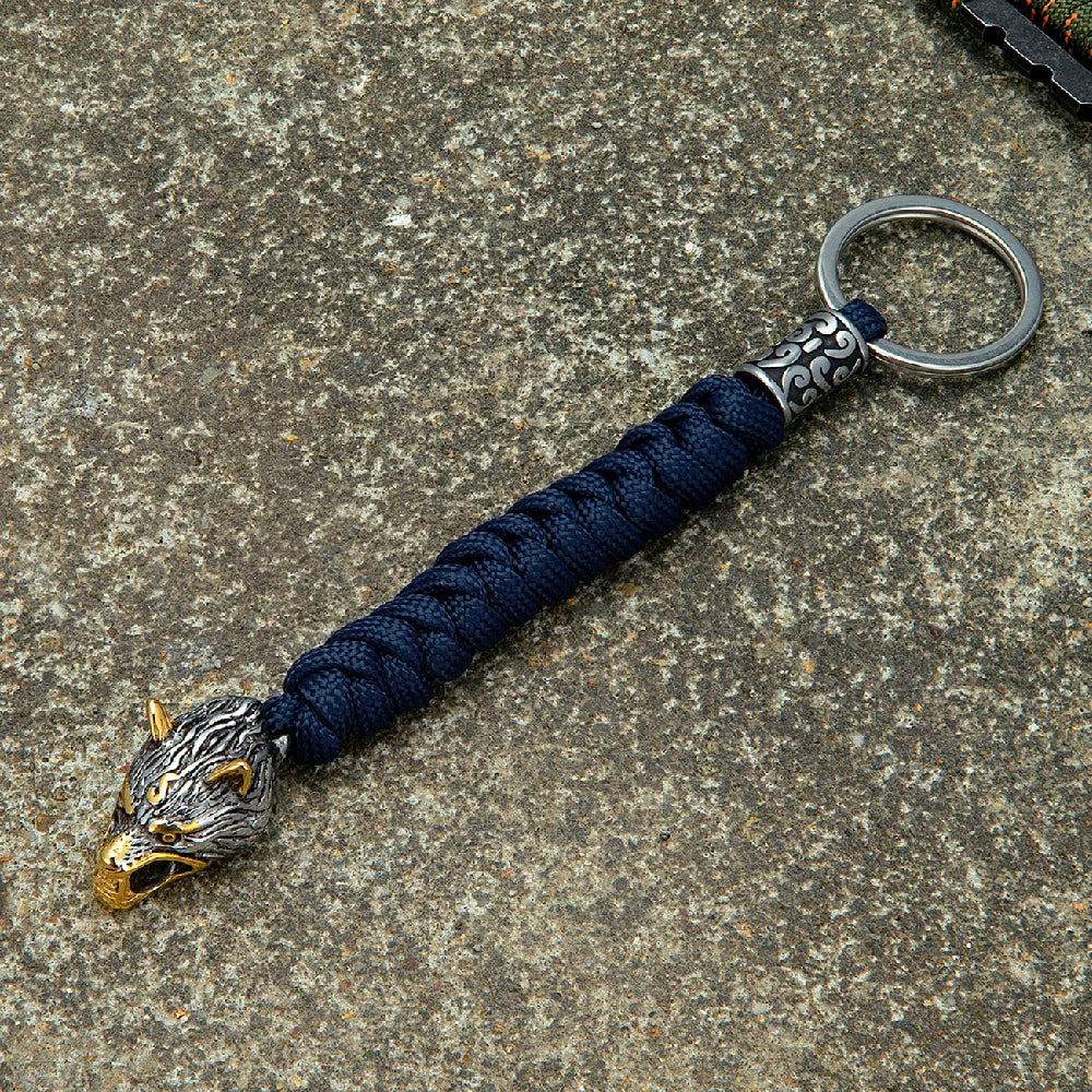 MKENDN Antique Viking Wolf Head Bead Paracord Knife Lanyad EDC Tactical Survival Keychain Lanyard Gift For Men - Madeinsea©