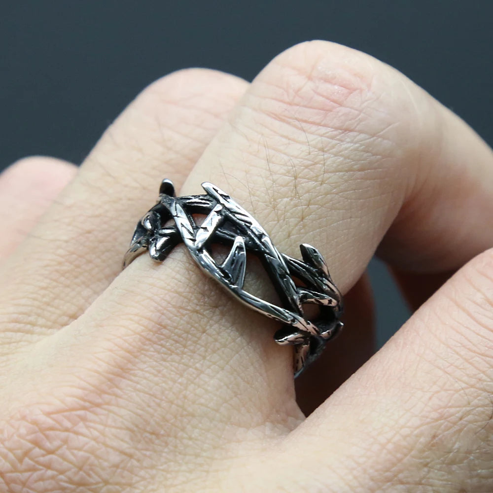 Retro Peace Olive Branch Stainless Steel Mens Ring Punk Simple Creative Thorns Biker Thorn Ring Jewelry Gift