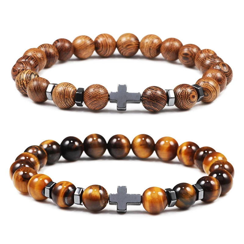 Prayer Men Natural Stone Wood Beads Rosary Hematite Cross Bracelets Onyx Meditation Bracelet Women Yoga Jewelry Homme Pulsera