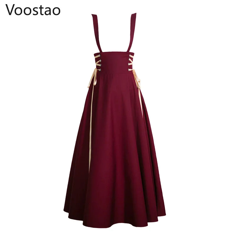 Autumn French Style Vintage Women Two Piece Set Court White Stand Collar Blouse Shirt+High Waist Lace-up Suspender Dress Suits